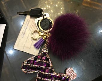 Bling Horse Keychains Purple Puffs Purple Fur Ball Car Keys Ring Sparkly Car Accessories Keys Ring