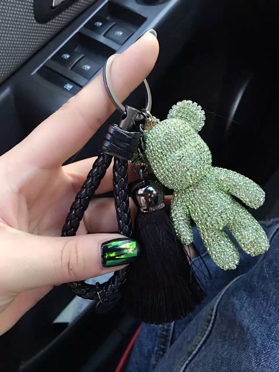rhinestone Bear Keychains bling Keyrings Leather Braided Key chains Tote Charm Teddy Bear Tassel Car Keys Ring Green Crystal