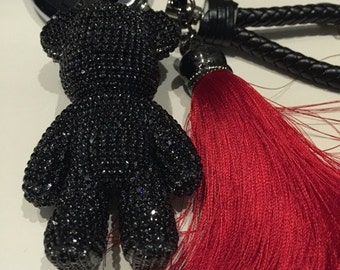 Schattige sleutelhanger glitter zwarte beer tas charme sleutelhangers glitter zwart kristal teddybeer met kwastje lederen lanyard touw autosleutels ringen