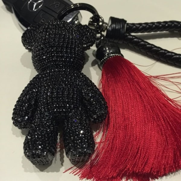 Cute Keychain Glitter Black Bear Bag Charm Porte-clés Glitter Black Crystal Teddy Bear with Tassel Leather Lanyard Rope Car Keys Rings