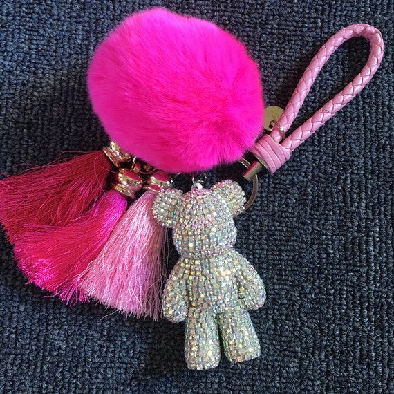 Teddy Bear Keychain Sparkle Bear Pendants Cute Jewelry Pom Pom Lanyards  Tassel Key Ring Rhinestone Key Chains Car Keys Holder Glitter Bear 
