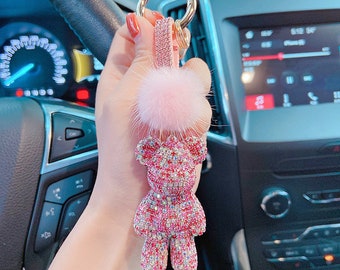 AB color silver crystal bear super cute bag charm bling bling keychain with pompoms handmade tote handbag charm