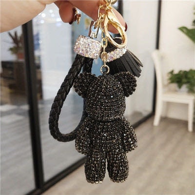 Black Crystal Bear Keychains Cute Keyrings Tassel Black Rope