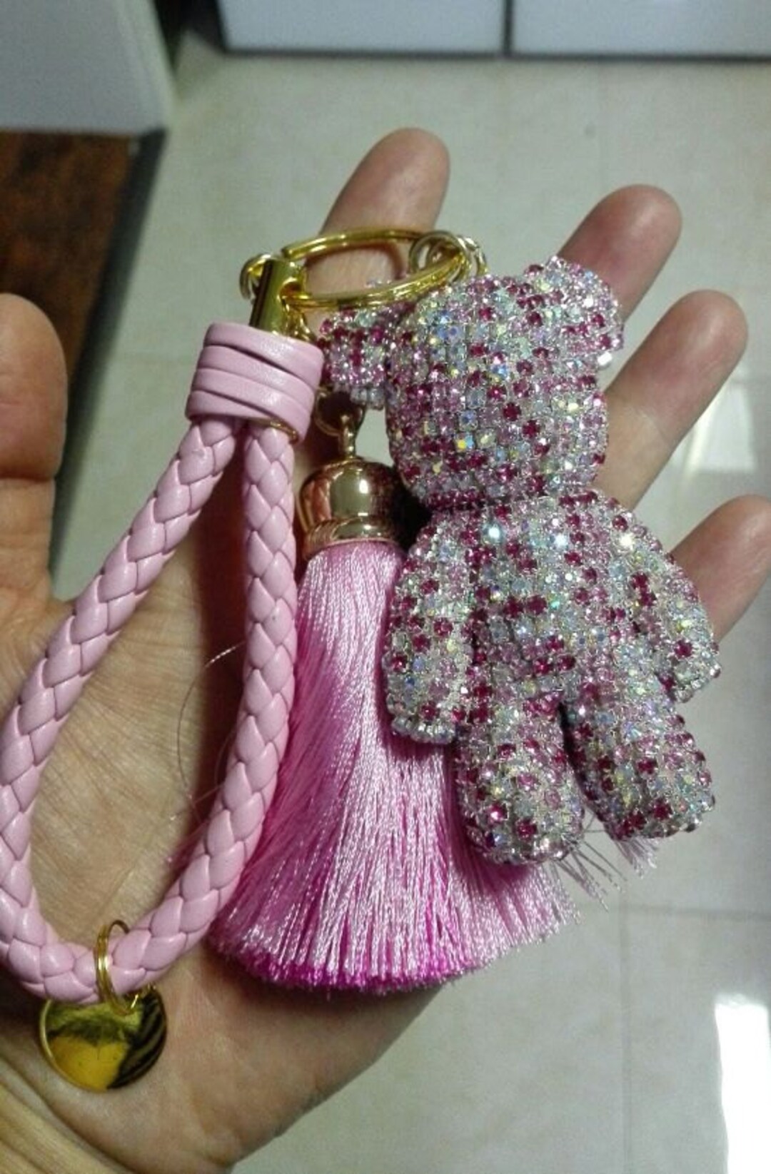 Mignon porte-clés clair rose brillant porte-clés strass de corde