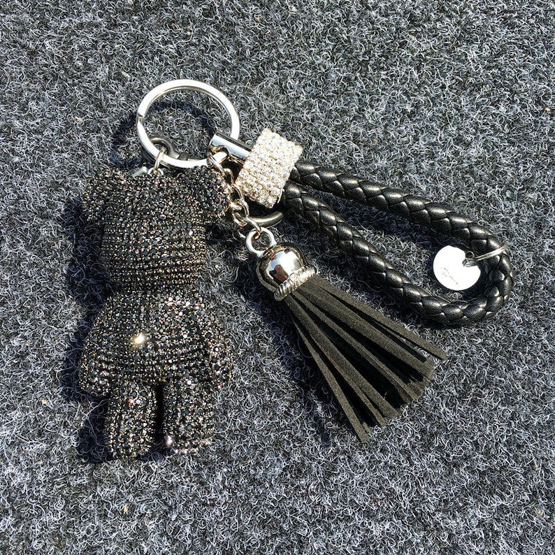 Teddy Bear Keychain Rhinestone Bear Pendants Leather Tassel Etsy