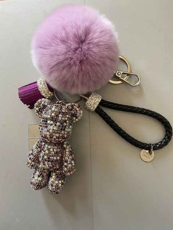 Light Purple Sparkle Bear With Lavender Puffs Keychains Leather