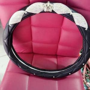 Bling Steering Wheel Cover White bling crystal car accessory Silver Rhinestone Crown Charm Cute Black Steering Wheel Cover