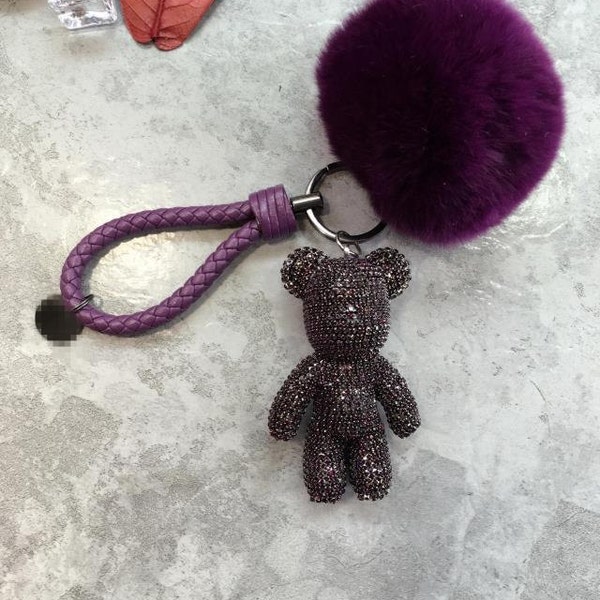 Deep Purple Rhinestone Teddy Bear Keychains Bling Bling Keyring Leather Lanyards Fur Puffs Ball Key chains Cute Soft Furry