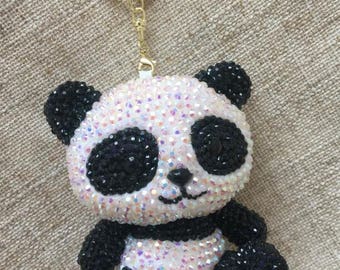 Bling Panda Schlüsselanhänger 4 Zoll Kawaii Panda Puppen Anhänger Schlüsselanhänger schwarz weiß Strass prickelnde Schlüsselanhänger