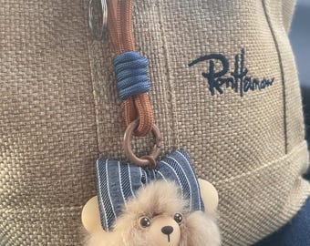 Chic Keychain Fall Winter Bag Bug Charm Purse handbag charms light coffee puffs bead head with bow sweet bear doll keyring Knit Rope Wrist