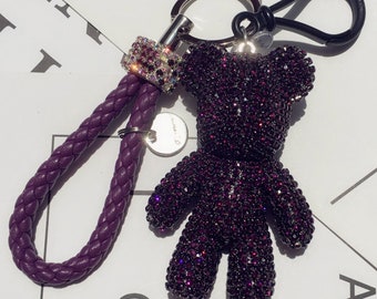 Paarse Rijnsteen Bear Sleutelhanger paarse touw sleutelhanger bling schattige autosleutels ring