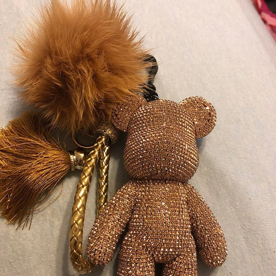 ATSlowTimes Sparkle Keychans with Pompoms Puffs Ball Rose Gold Rhinestone Crystal Bear Bag Charm Cute Keychain 3/5 Bear Cute Bag Charm Chic Purse Char