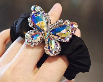 Glitter Butterfly Hair Accessories Sparkling Ponytail Rope Sparkly Rhinestone Luxury Crystal Stones Soft Black Silk Hair Scrunchies Gifts