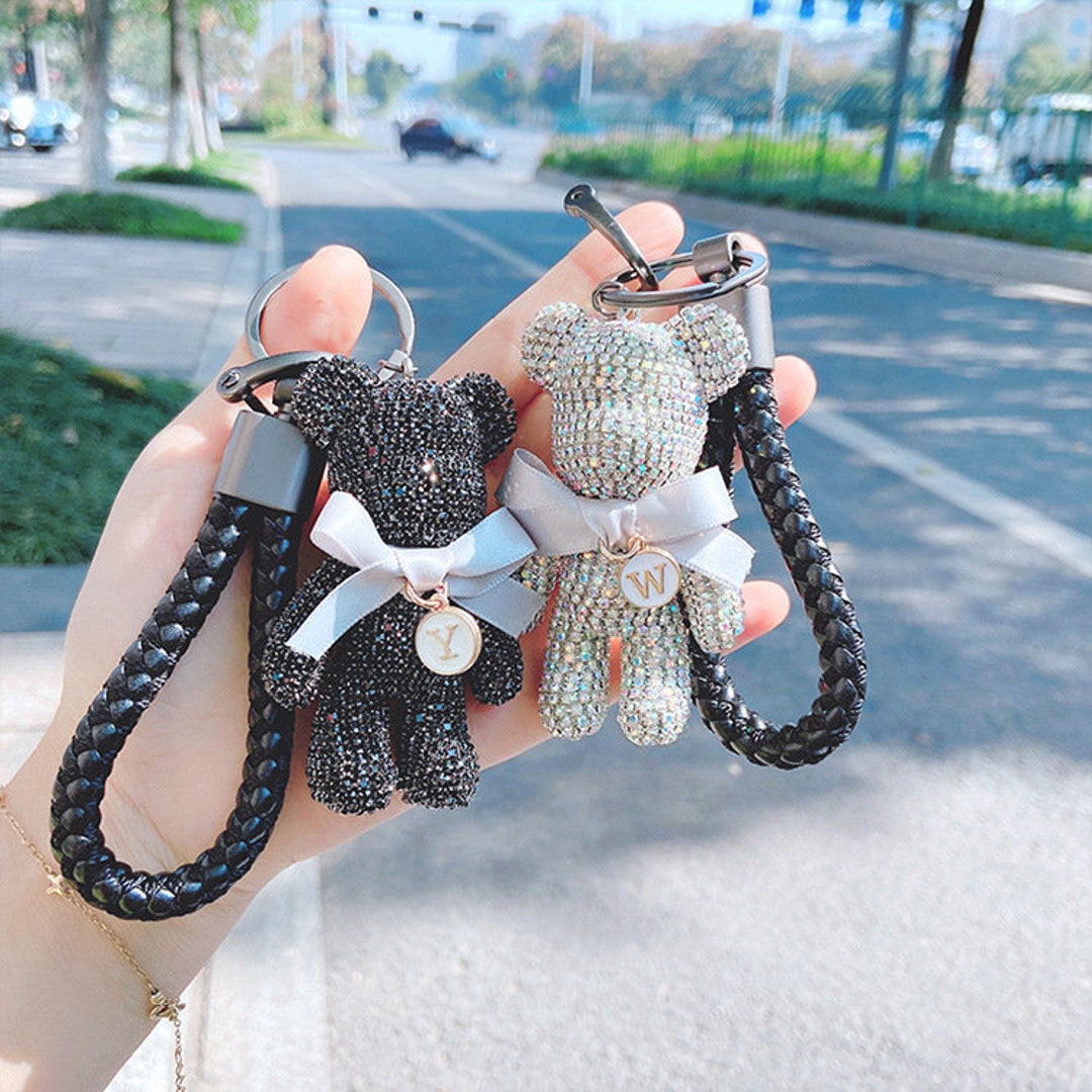 Cute Bow Bear Keychain Personalized Keychains Crystal Bear With Initial ...