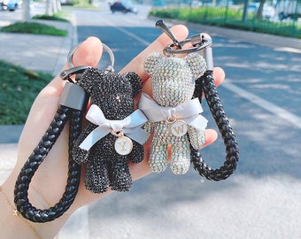 Leuke Bow Bear Sleutelhanger Gepersonaliseerde Sleutelhangers kristallen beer met initiële unieke sleutelhanger