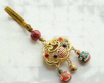 Braid Rope Keychain Unique oriental culture Pendants Bag Purse Charm Key ring Gold Metal Lock of Good Wishes Chic Keychains