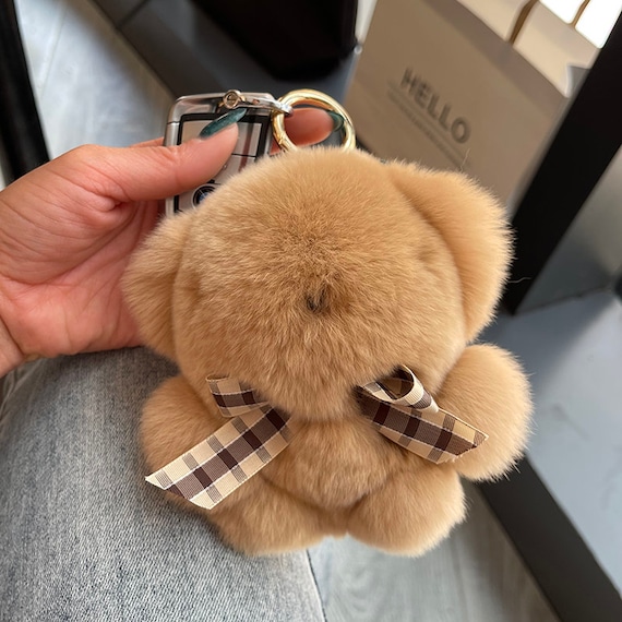 Adorable Brown Teddy Bear Keychain Faux Leather Rope Design