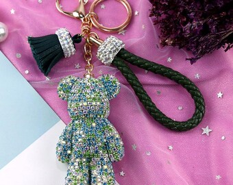 Green Crystal Bear Key chains Cute Keyring Tassel Rope Braided Leather Keychains Handbag Charm Glitter Sparkle Bear Car Keys Holder Ring