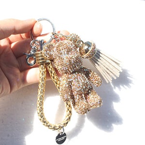 Kerry Made Sparkle Bear Keychain Champagne Bling Bear Tassel Keychains leather Rope Keyring