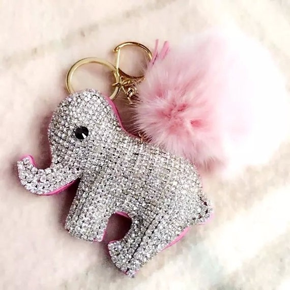 Baby Pink Pom Pom Keychain Cute Bag Charms Elephant Keychain attach Genuine  fur pink pom pom-custom gifts for bridesmaid, elephant gifts