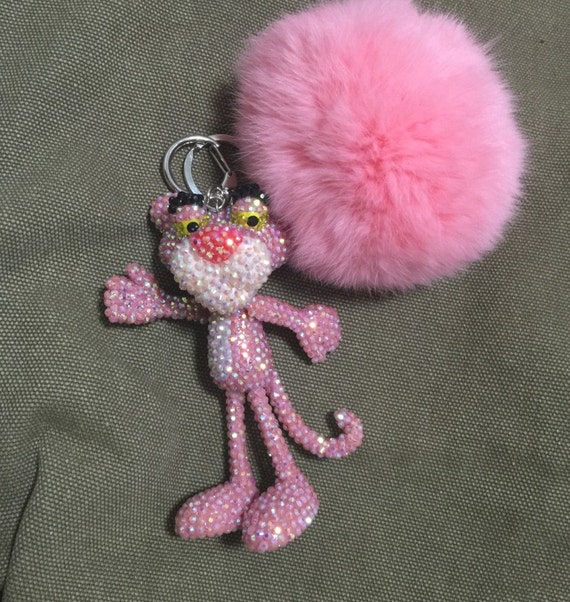 cute keychain- crystal Pink doll pink fur ball attached sparkle crystal bag  charms unique purse charm keyrings