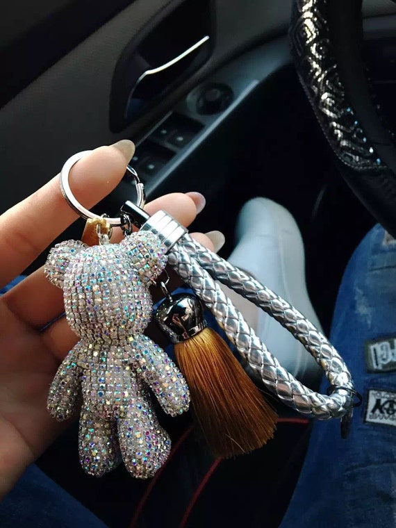 Crystal Bear Key Chains Cute Keyrings Tassel Silver Rope Braided Leather  Keychains Purse Charm Glitter Sparkle Teddy Bear Car Keys Ring 