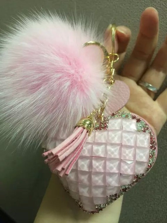 Pink Faux Fur Pom Keychain, Pink Fur Pom Handbag Charm, Gold Bow Keychain