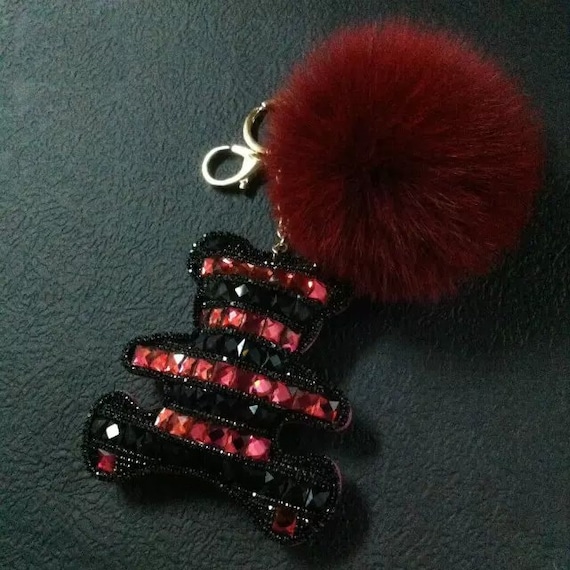 Kawaii Keychain fluffy keychain Fur Pom Pom Bag Charms Black Dark Red  Crystal Bear Charms attach Wine fur ball, pompom keychain Lanyard