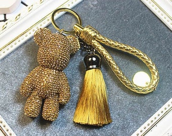 Blingy Rhinestone Teddy Bear Keychains Leather Braided Rope Cute Bag Charm Gold Glitter Bear Pendants Key chains Women Car Keys Ring Tassel