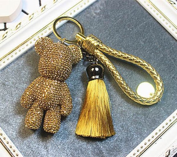 Sparkle Nice Bear Keychain Tassel Leather Rope  