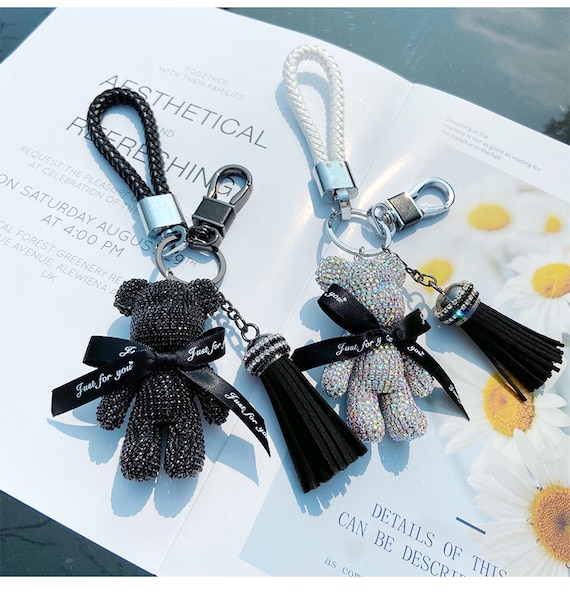 White Crystal Bear Key Chains Cute Keyrings Tassel Leather 
