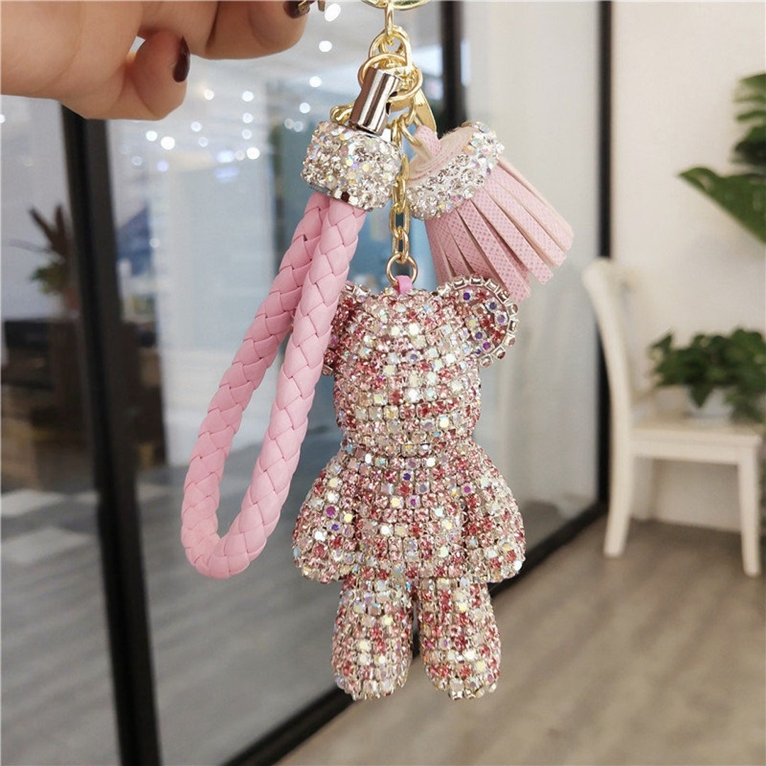 Pink Crystal Bear Key Chains Cute Keyrings Tassel Pink Rope - Etsy Singapore