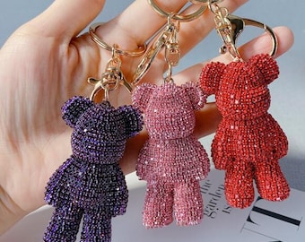 glitter bear keychain wristlet chic bear keychain charm sparkling pendant purse charm handbag tote charm kering gold metal ring pink/purple