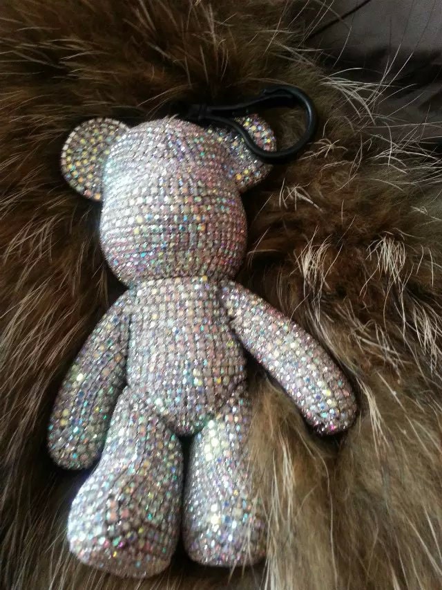Bear Bag Charm, Handmade Plush Bear, Beads, Metal Chain, Dark