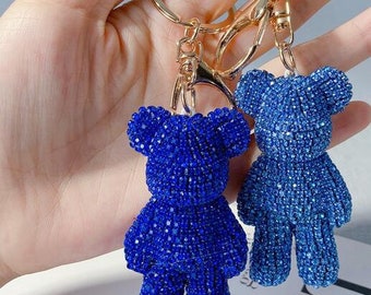 sparkly bear keychain handmade rhinestone bear doll key ring purse charm handbag tote charm pendants cute bear charm gold metal ring blue