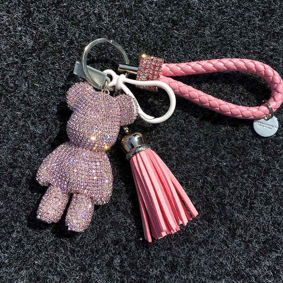 Cute 3 Inch Teddy Bear Keychains Pink Tassel Leather Rope Etsy
