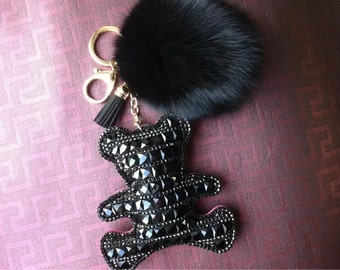 Cute Keychain Women Bag Charms Black Diamonds Bear Charms attach Black fur pom pom, Shine Bling Charms Keychain Cute Lanyards