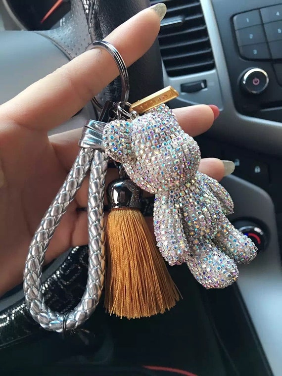 Crystal Bear Key Chains Cute Keyrings Tassel Silver Rope 