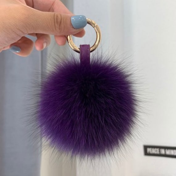 Fox Fur Pom Pom keychain, black and purple strings Purple Fox Fur Pompom Keychain, Handmade Bag Charm - Etsy main image 3