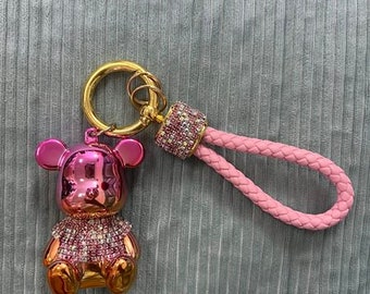 Cute Bear Keychains Handbag Charm Car keys Ring Sparkly diamond bling out bear dolls leather rope