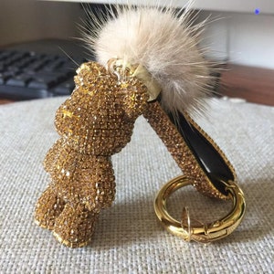 gold crystal teddy bear super cute bag charm bling bling keychain with cute pompoms handmade tote handbag charm