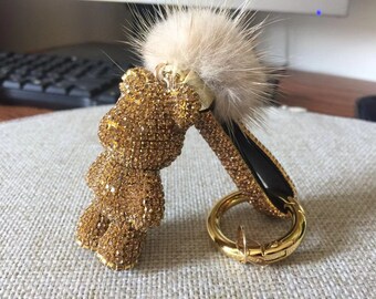 gold crystal teddy bear super cute bag charm bling bling keychain with cute pompoms handmade tote handbag charm