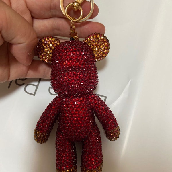 Red Rhinestone Crystal Bear Keychain Black/silver/make custom color 5" bear cute bag charm bling purse charm wallet charm cute keyring