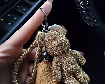 Sparkly Bling Teddy Bear Keychains Golden Rhinestone tassel leather lanyard Car Keys chains Cute Purse Bag Charm