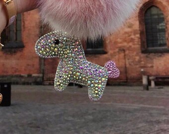 Bling horse bag charm with light pink fur pompoms swarovski AB crystal luxury keyring keychains