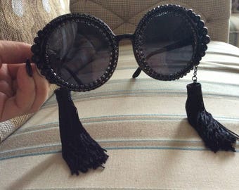 Black Round Sunglasses Tassel Black Beads Rhinestone Unique Stylish Sunglass