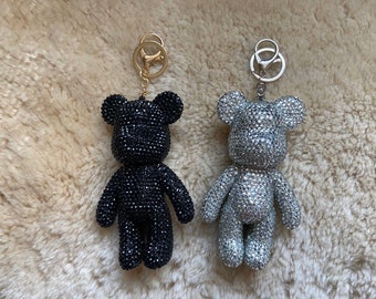 Rhinestone Crystal Bear Charm Keychain Black/silver/make custom color 5" bear cute bag charm bling purse charm wallet charm