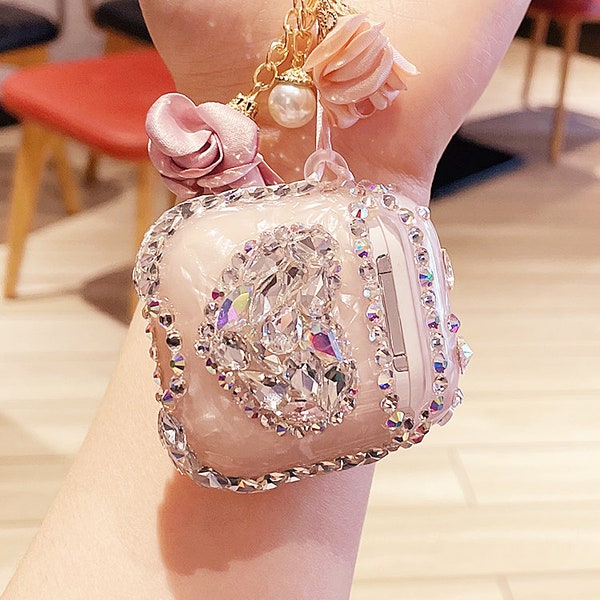 Airpods Tasche Schlüsselanhänger Pink Swarovski Steine crystal floral Blumen Charme Angepasst Airpod1 / 2/3 / Pro Hülle