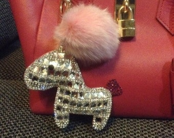 Bling Crystal Horse Handbag charm Light Pink Pompom Fur Ball Tote Charm Real Furry Puffs Keychains