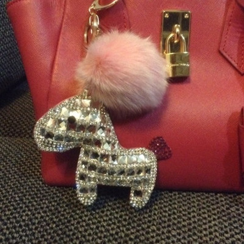 Bling Crystal Horse Handbag charm Light Pink Pompom Fur Ball Tote Charm Real Furry Puffs Keychains image 1